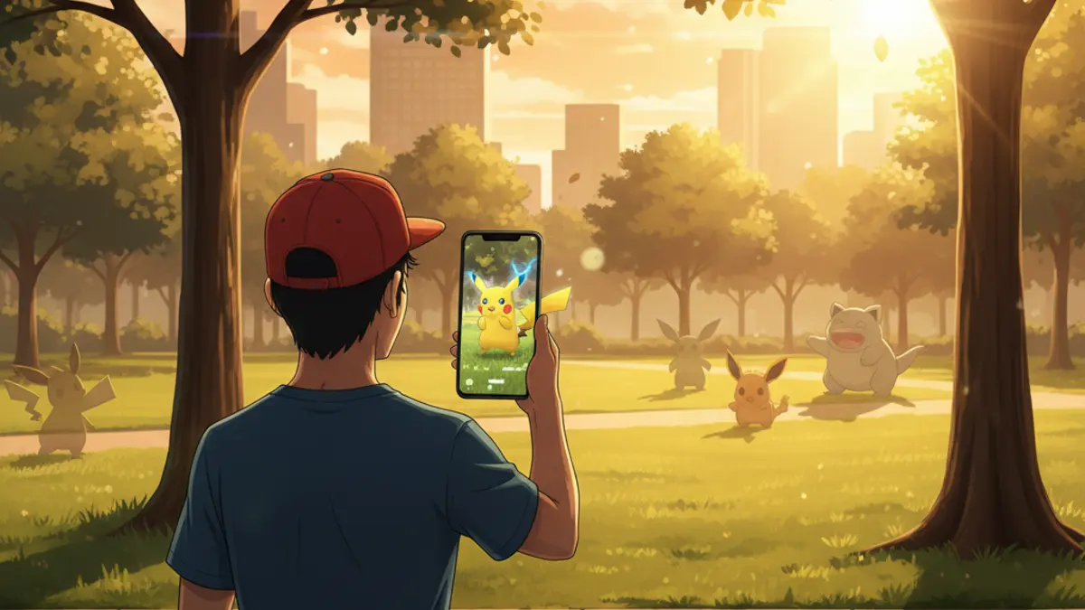 Illustration de Pokemon GO celebrant 10 ans avec des joueurs capturant des Pokemon en realite augmentee