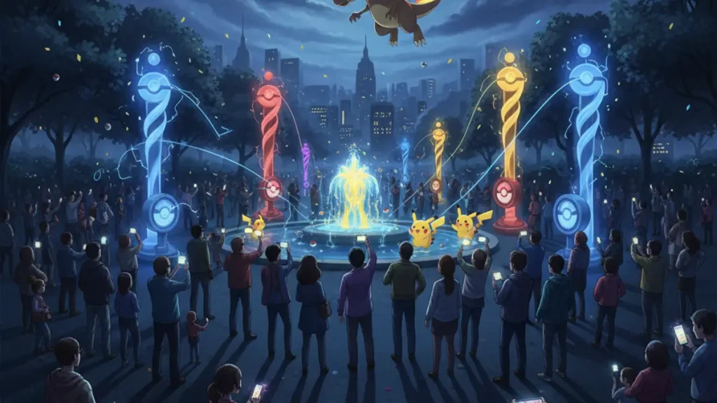 Illustration de la communaute Pokemon GO lors de la celebration du 10e anniversaire, avec smartphones et realite augmentee.
