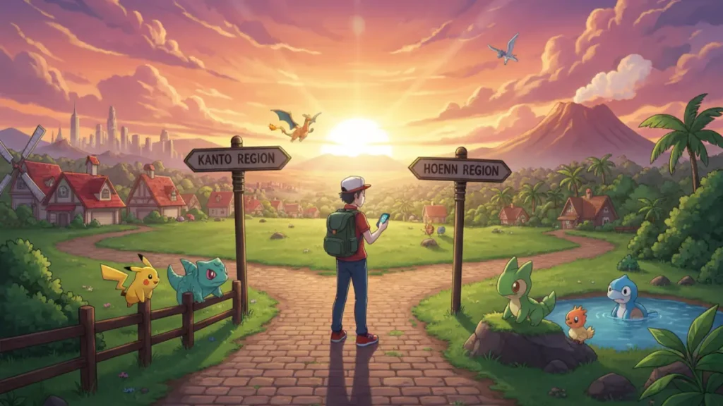 Capture d'ecran de Pokemon GO montrant des Pokemon des regions de Kanto et Hoenn sur une carte en realite augmentee.