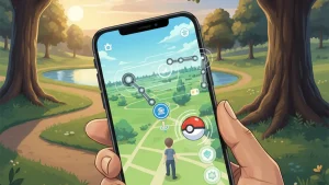 Capture d'ecran de l'Explorer Gadget dans Pokemon GO, un objet virtuel qui lance des Poke Balls automatiquement.