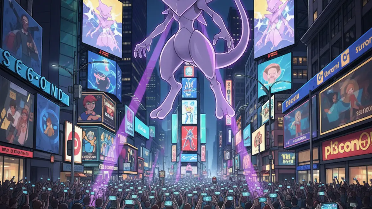 Des joueurs participent a un raid Pokemon GO contre Mega Mewtwo Y sur les ecrans de Times Square en juillet 2026.