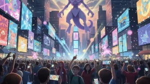 Foule de joueurs de Pokemon GO rassembles a Times Square pour le raid Mega-Mewtwo Y lors du Go Fest 2026.