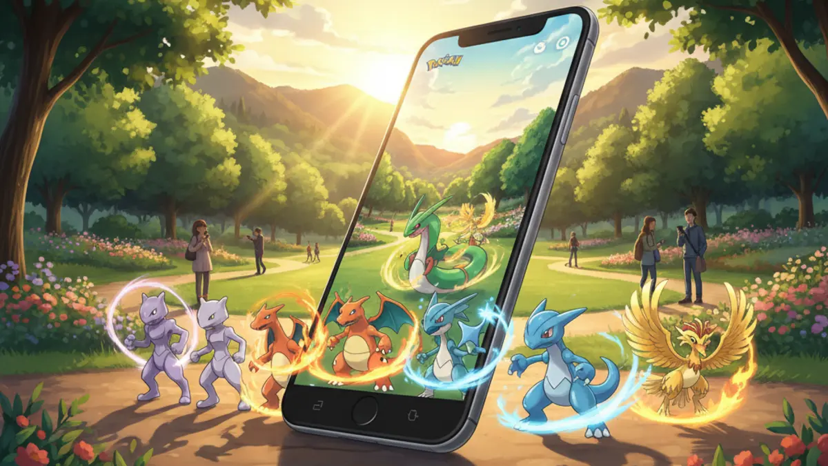 Un dresseur analyse ses Pokemon les plus puissants en realite augmentee, avec en arriere-plan le logo du Pokemon GO Fest Global.