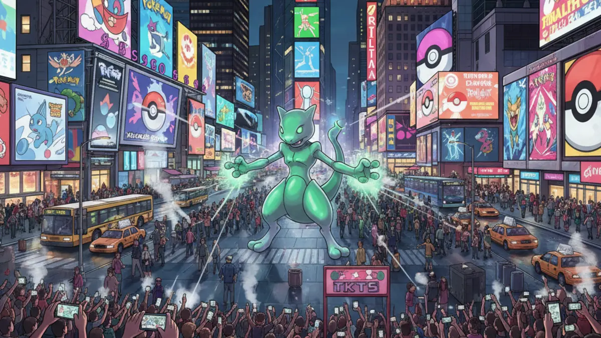 Mewtwo exclusif de Pokemon Go avec fond Times Square, revendu plus de 10 000 dollars sur eBay, illustration d'un marche noir controverse