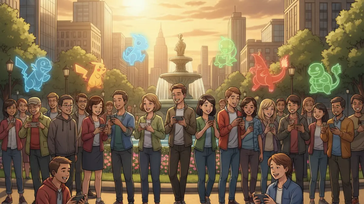 Joueurs de Pokemon GO attroupes autour d'une statue lors d'un Community Day en ville.