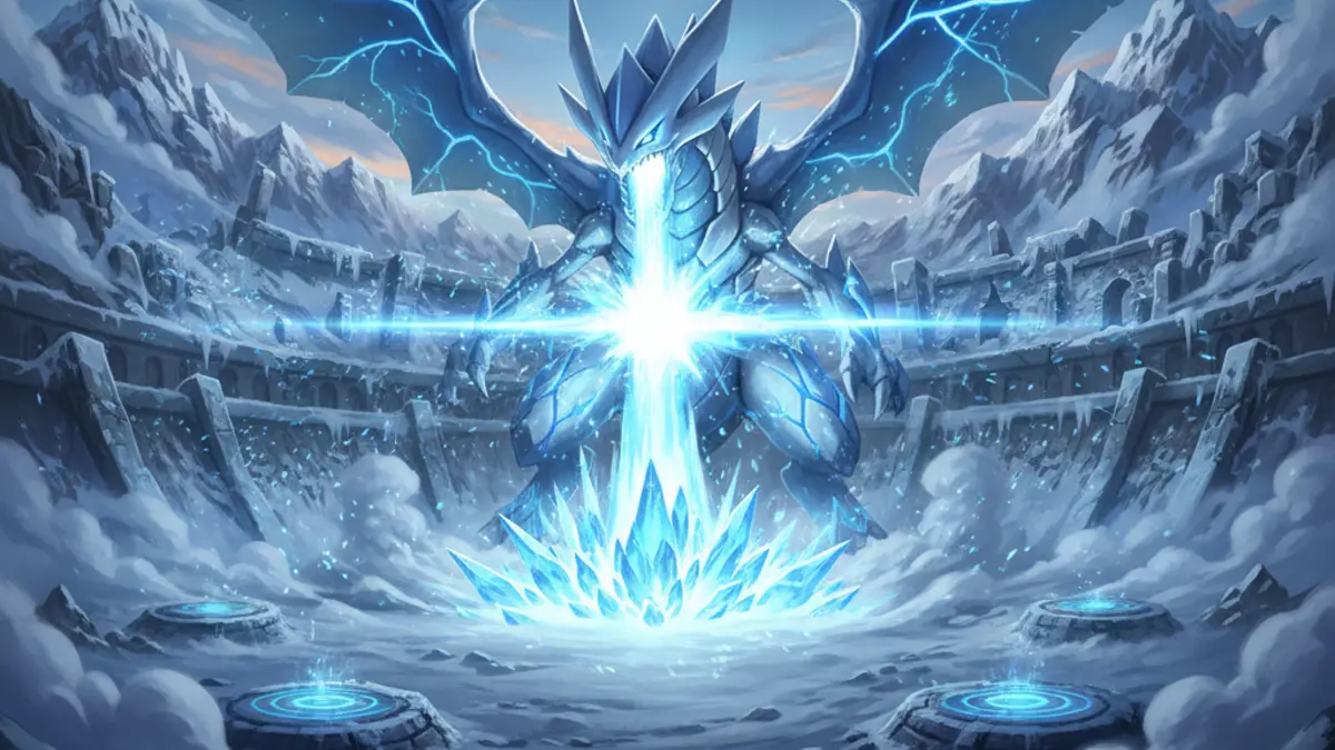 White Kyurem en plein raid Pokemon GO, un dragon majestueux de type Glace et Dragon dans une arene virtuelle