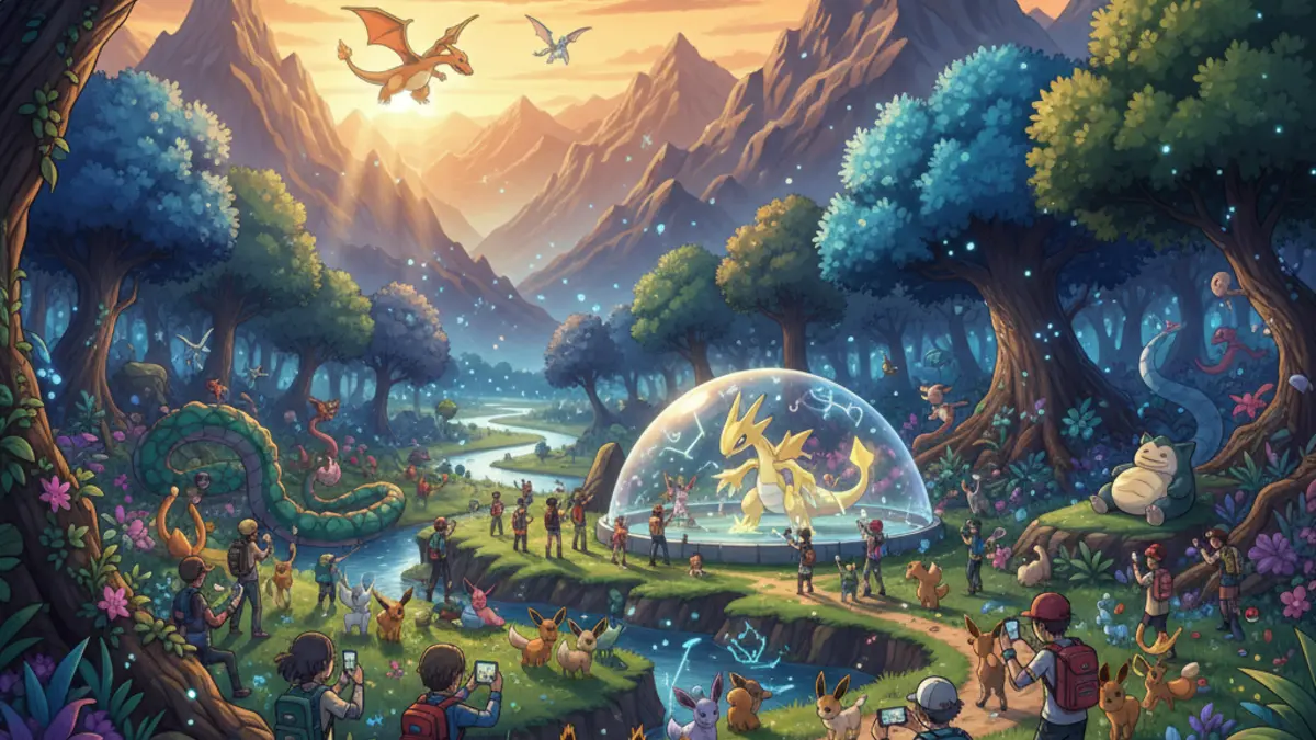 Visuel promotionnel de Pokemon GO Wild Area 2026 avec le logo de l'evenement et la skyline de Fukuoka en arriere-plan