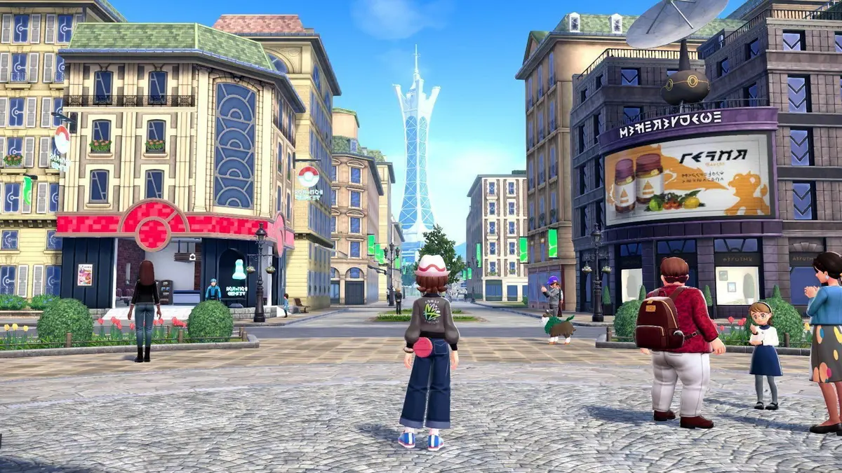 Vue panoramique d'Illumis repensee dans Pokemon Legends: Z-A, avec dresseurs et Pokemon en pleine ville.