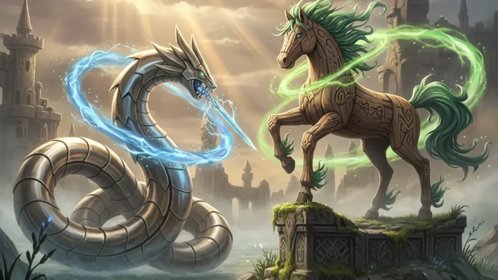 Documents de conception de Pokemon Sword and Shield revelant les noms initiaux King and Queen et les legendaires serpent de metal et cheval de bois.
