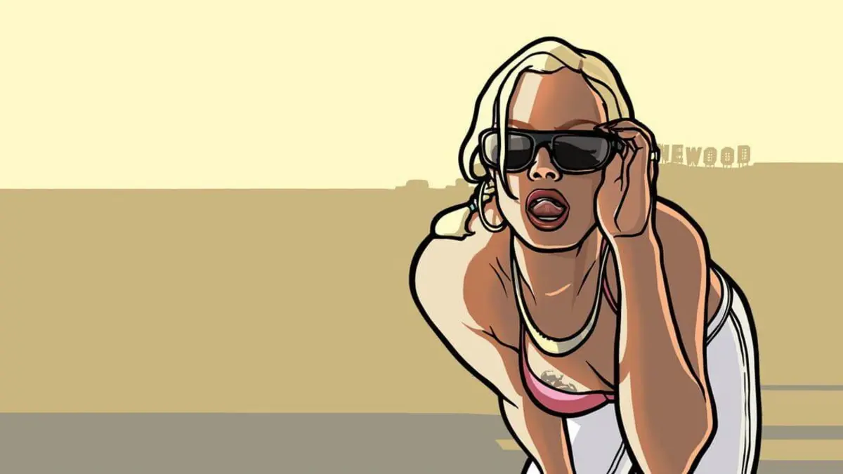 Capture d'ecran du mod GTA Mixed montrant CJ devant une borne d'arcade affichant GTA Vice City dans San Andreas.