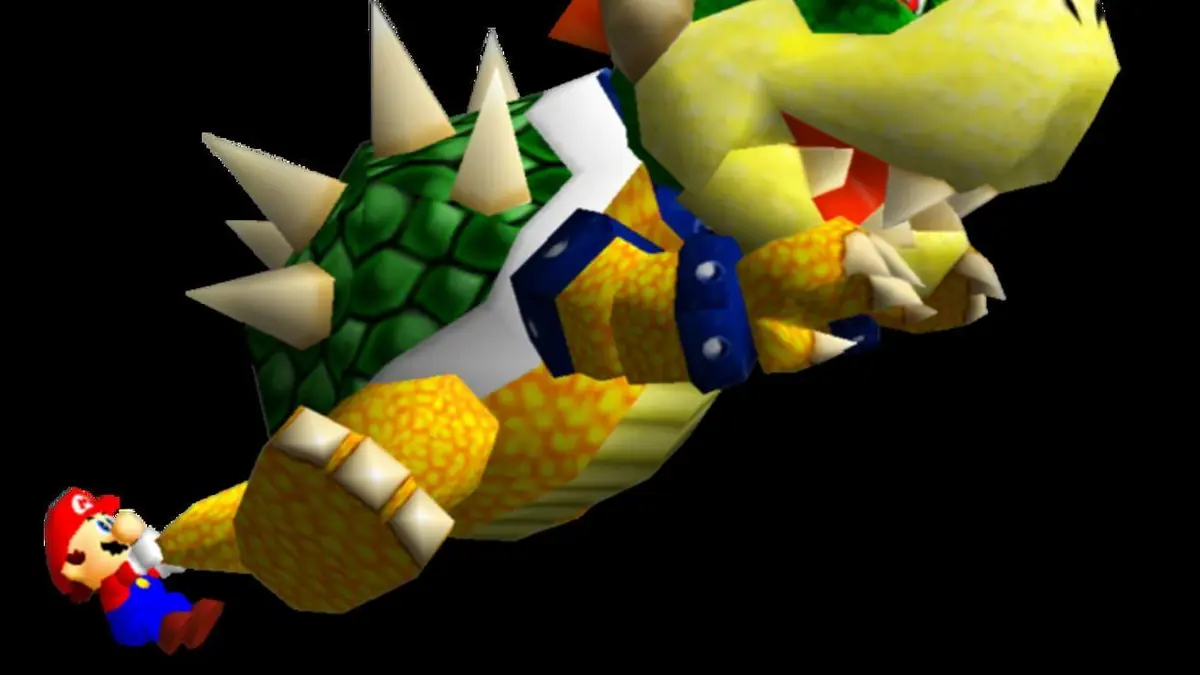 Vue de Bowser riant dans Super Mario 64 avec le chateau de Peach et des Etoiles de Puissance en arriere-plan, symbole de l'heritage du jeu 30 ans apres.