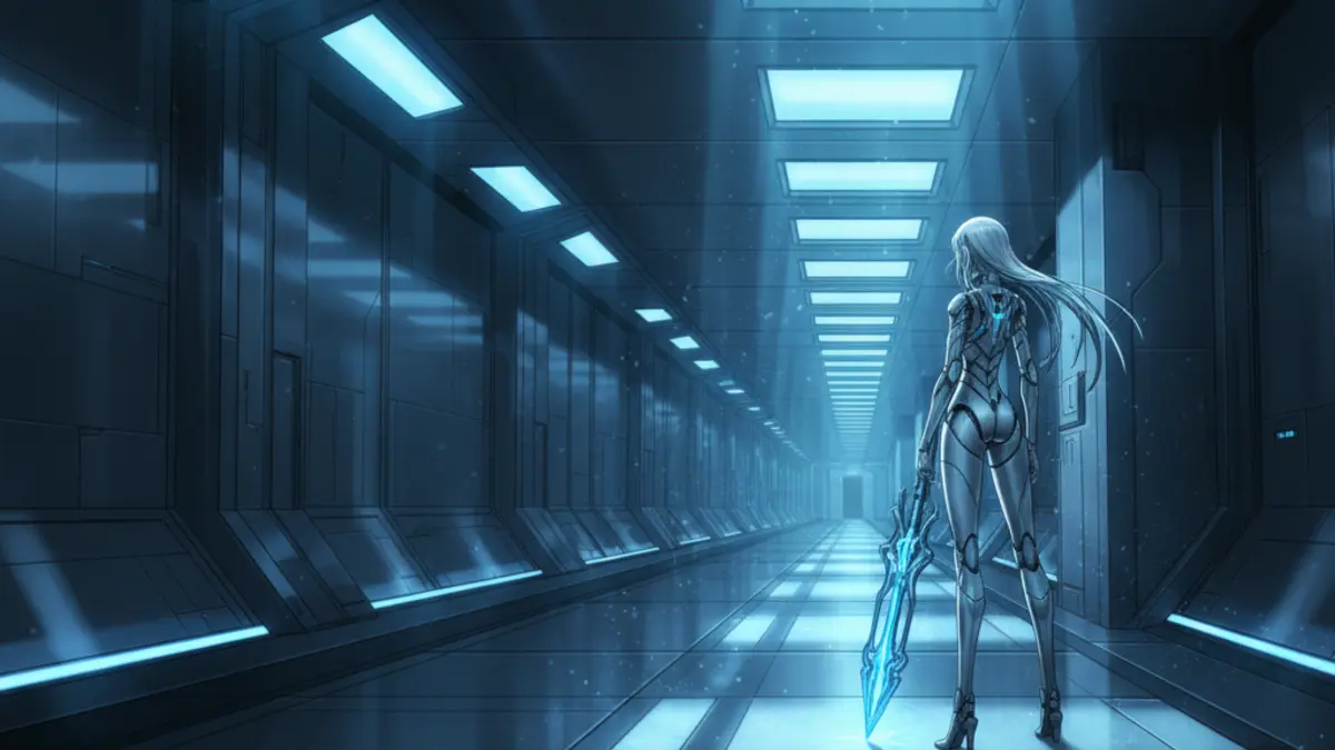 Illustration de KOS-MOS, l'emblematique androide de la serie Xenosaga, superposee aux logos de Nintendo et Bandai Namco.