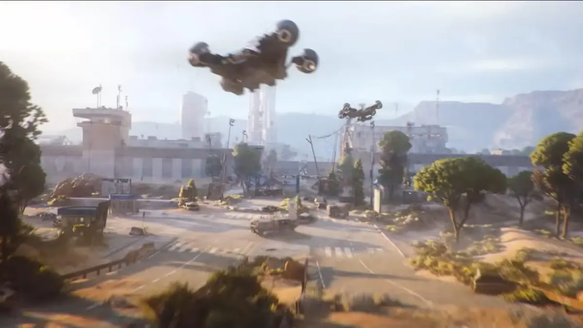 Visuel du set cosmetique The Tick Hunter pour ARC Raiders, montrant un Raider equipe face a des machines Ticks dans une zone devastee du Rust Belt.