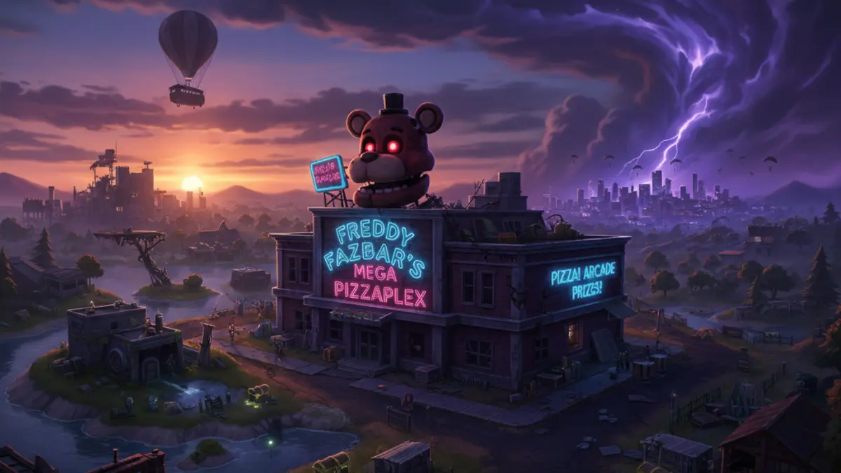 Batiment en construction sur la carte de Fortnite evoquant la pizzeria de Five Nights at Freddys.