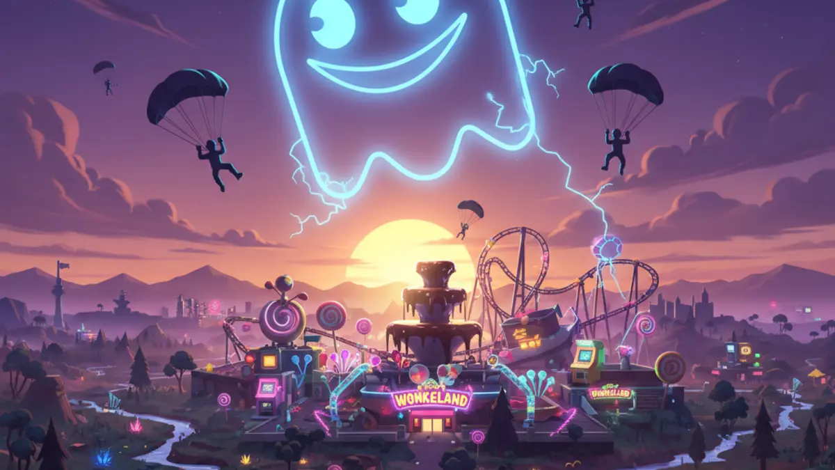 Illustration de l'easter egg audio Pac-Man decouvert a Wonkeeland dans Fortnite, avec des notes de musique et le personnage