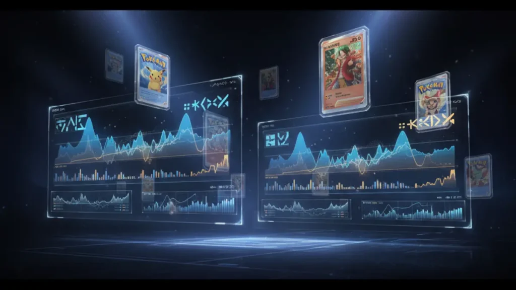 Illustration du lancement des indices de marche Grade10 pour les cartes Pokemon et One Piece, avec un graphique de performance et des cartes gradees PSA 10.
