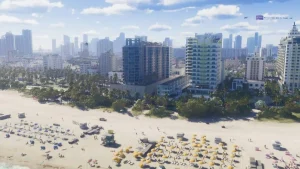 Illustration de Grand Theft Auto VI avec Lucia et Jason sur fond de plage a Vice City.