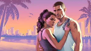 Illustration de GTA 6 montrant Lucia et Jason dans lEtat de Leonida, avec la mention de lapercu exclusif Netflix du 27 aout 2026