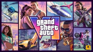 Logo de GTA 6 avec un fond de tribunal et les logos de Microsoft et Discord, illustrant la traque judiciaire du leaker Cyberleek.