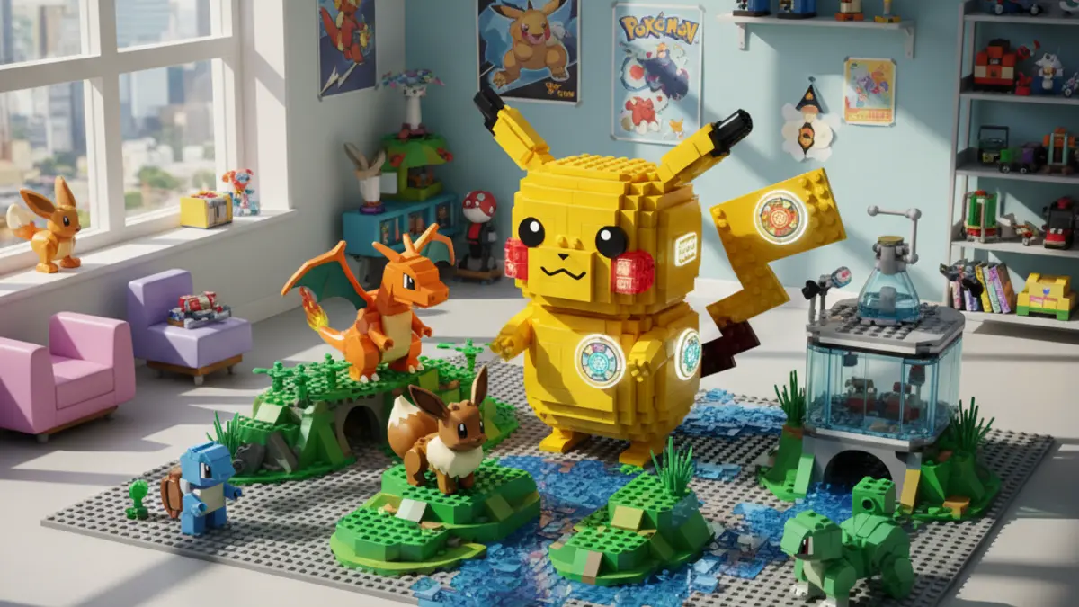 Boites des sets LEGO Pokemon SMART Play avec Pikachu, Dracaufeu et d'autres Pokemon, affichant la brique interactive et les tags.