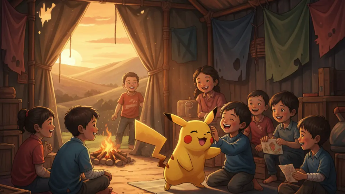 Logo de la fondation POKEMON with YOU avec Pikachu souriant et des enfants dans une zone sinistree