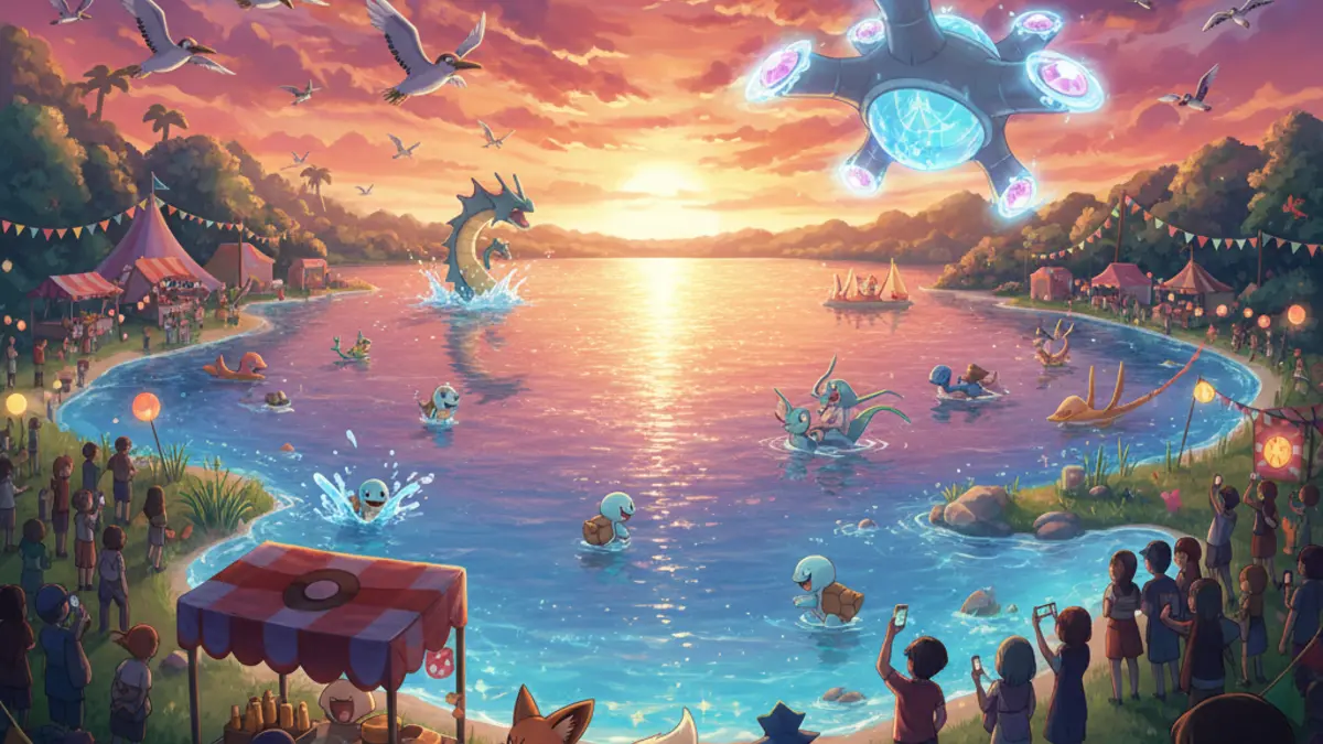 Deux Pikachu speciaux de Pokemon GO : l'un porte une couronne de champion du monde, l'autre un chapeau Cosmog. Ils sont entoures de Nickit et Mega Starmie.