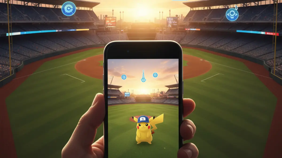 Pikachu avec un fond de stade MLB, illustration de la collaboration Pokemon GO et MLB 2026