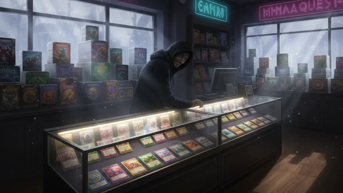 Illustration de cartes Pokemon rares sur un fond denquete judiciaire, symbolisant le vol presume.