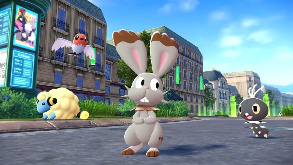 Visuel du jeu Pokemon Legends: Z-A avec des dresseurs et Pokemon en pleine Mega-Evolution.