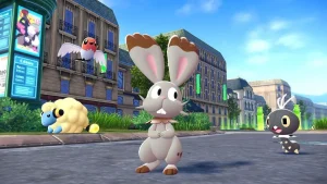 Visuel du jeu Pokemon Legends: Z-A avec des dresseurs et Pokemon en pleine Mega-Evolution.