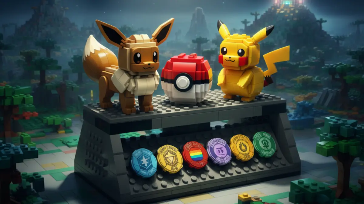 Cadeaux promotionnels LEGO Pokemon : la collection Badge de la Region de Kanto et les sets Eevee et Pikachu.