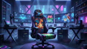 Housse Secretlab Pokemon Pixel Art Venusaur installee sur une chaise TITAN Evo noire, devoilant un motif retro