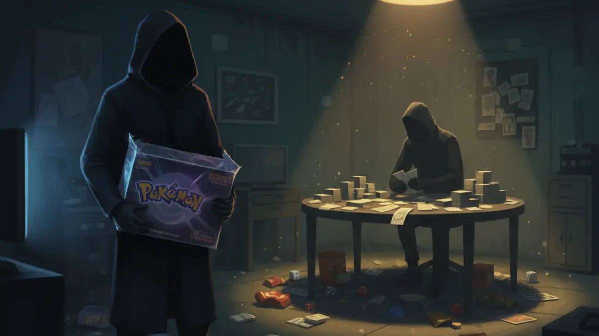 Un tas de cartes Pokemon avec un filtre rouge, symbolisant une arnaque ayant coute 5 millions de bahts a 20 victimes.