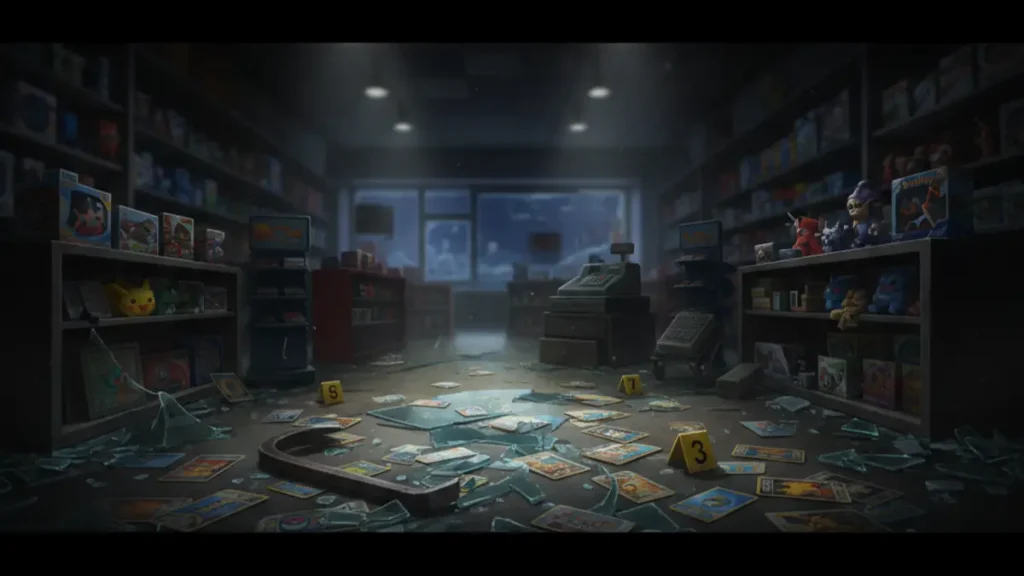 Illustration de cartes Pokemon rares devant un tribunal britannique, symbolisant la condamnation pour vol de cartes a 62 000 .