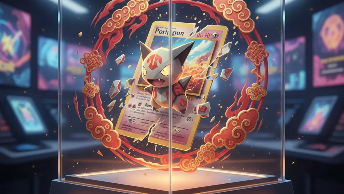 Figurines Pokemon TCG exclusives a la Chine basees sur des cartes de l'extension 151, avec une statuette de Porygon en premier plan.