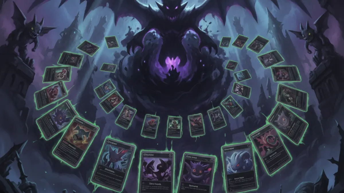 Visuel sombre du set Pokemon TCG Pitch Black avec Elite Trainer Box et cartes promotionnelles gothiques