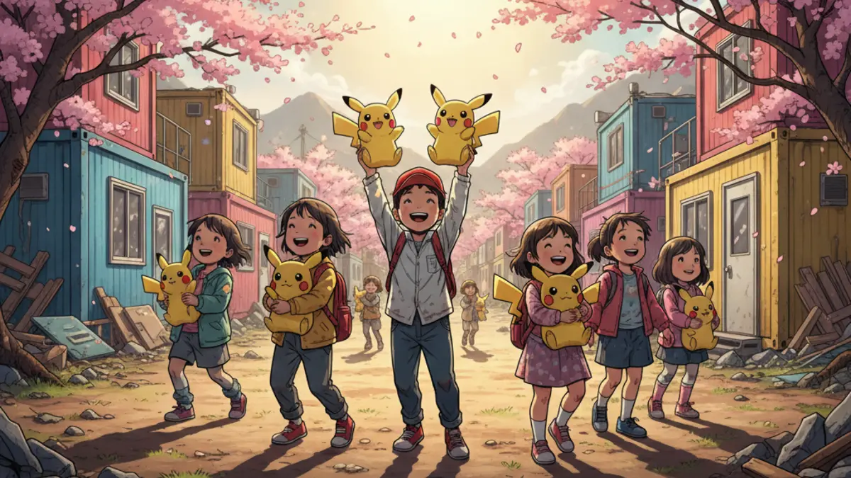 Pikachu reconforte des enfants dans une zone sinistree au Japon, une action de la fondation Pokemon With You.