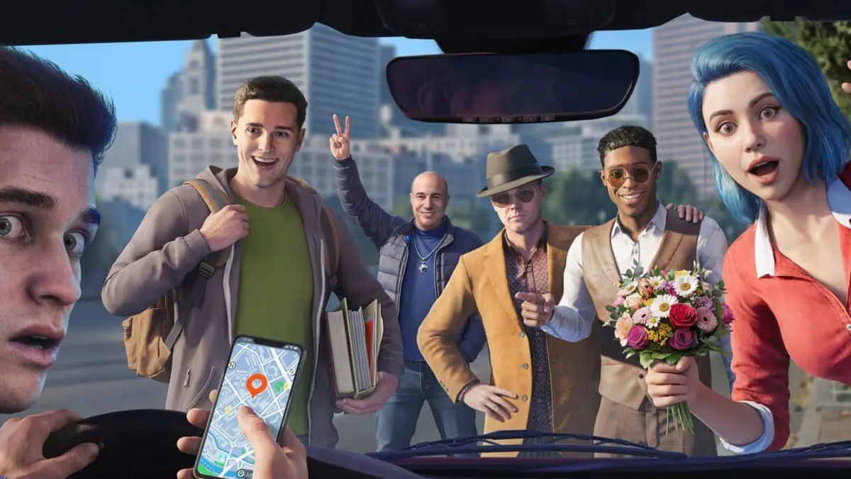 Image du jeu Rideshare Stimulator montrant une voiture en ville avec l'interface VTC, annonce pour 2026 sur PC, PS5 et Xbox Series X|S.