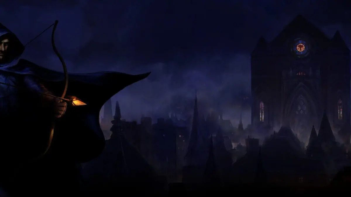 Garrett, le maitre voleur de Thief: The Dark Project Remastered, se tient dans l'ombre d'une ruelle medievale