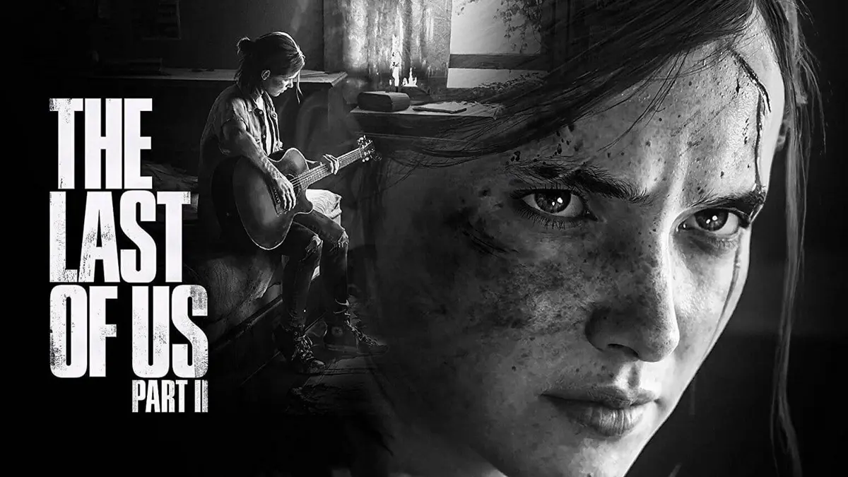 Tom Holland souriant lors d'une interview, avec en arriere-plan l'affiche de The Last of Us Part II