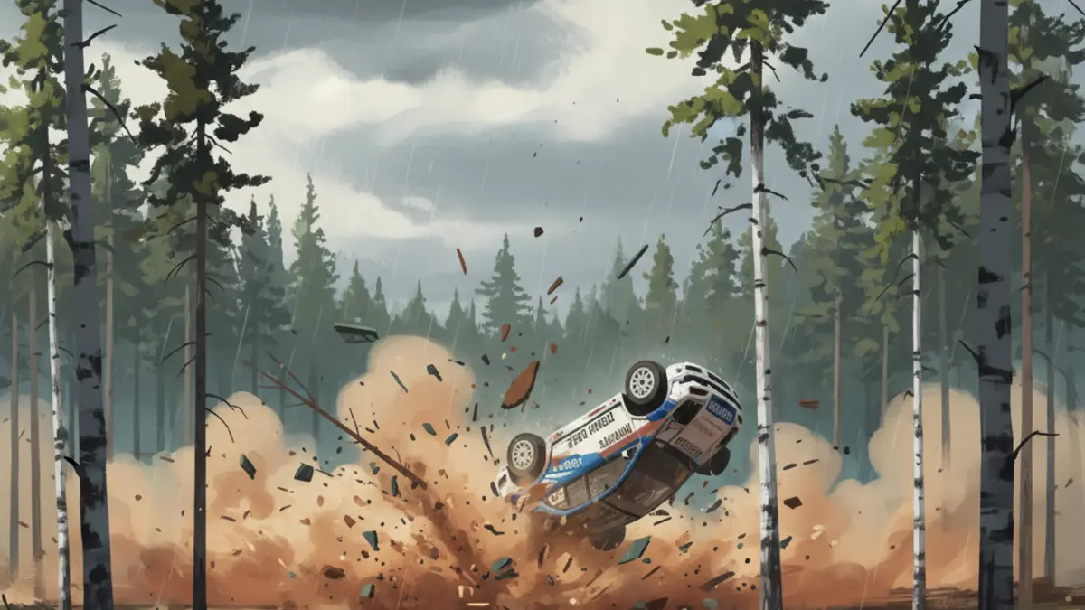 Capture d'ecran du jeu EA Sports WRC montrant une voiture de rallye en derapage sur une speciale finlandaise, illustrant le risque de sortie de route.