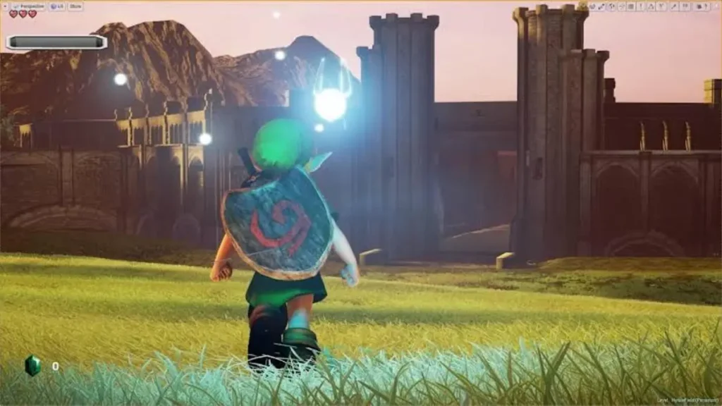 Illustration d'un possible remake de The Legend of Zelda: Ocarina of Time sur Nintendo Switch 2, avec Link adulte dans Hyrule Field