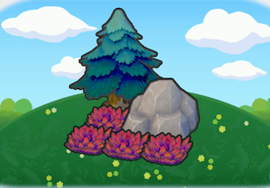 Habitat Hautes herbes avec rocher et sapin dans Pokémon Pokopia